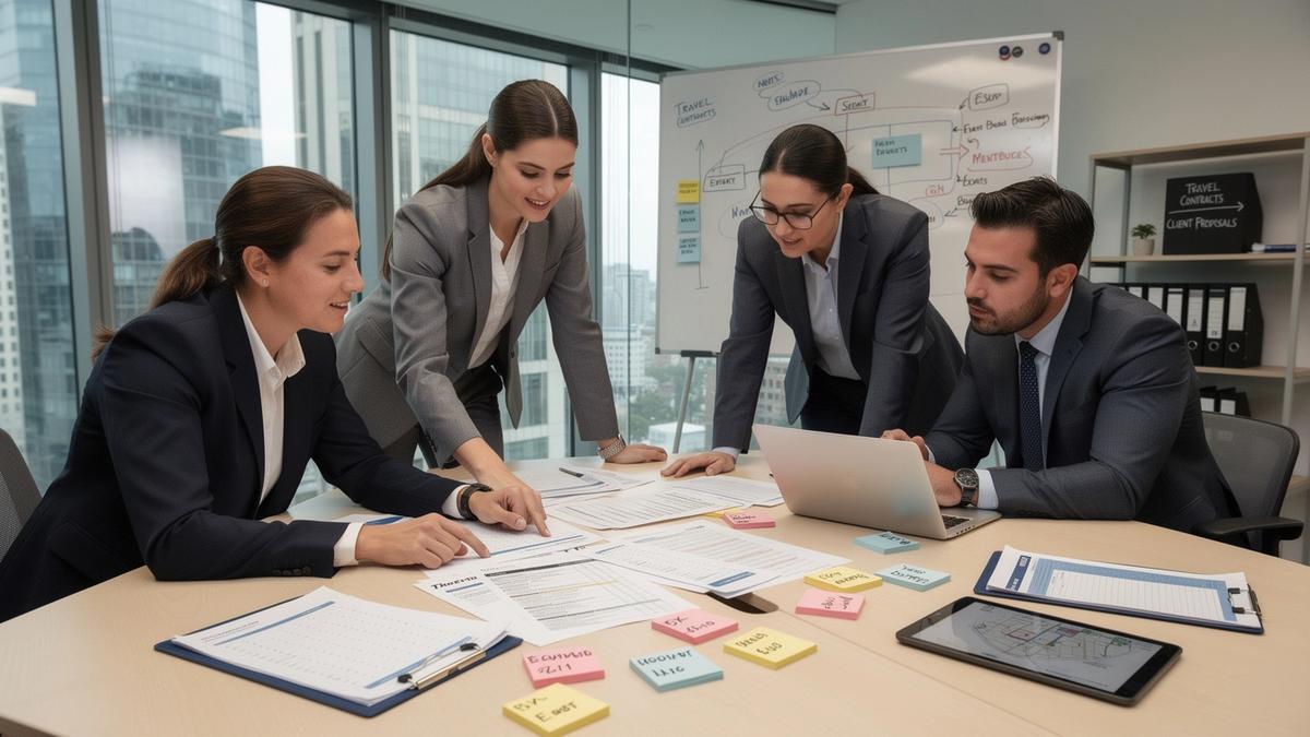Team coordinating corporate trip logistics on a planning table